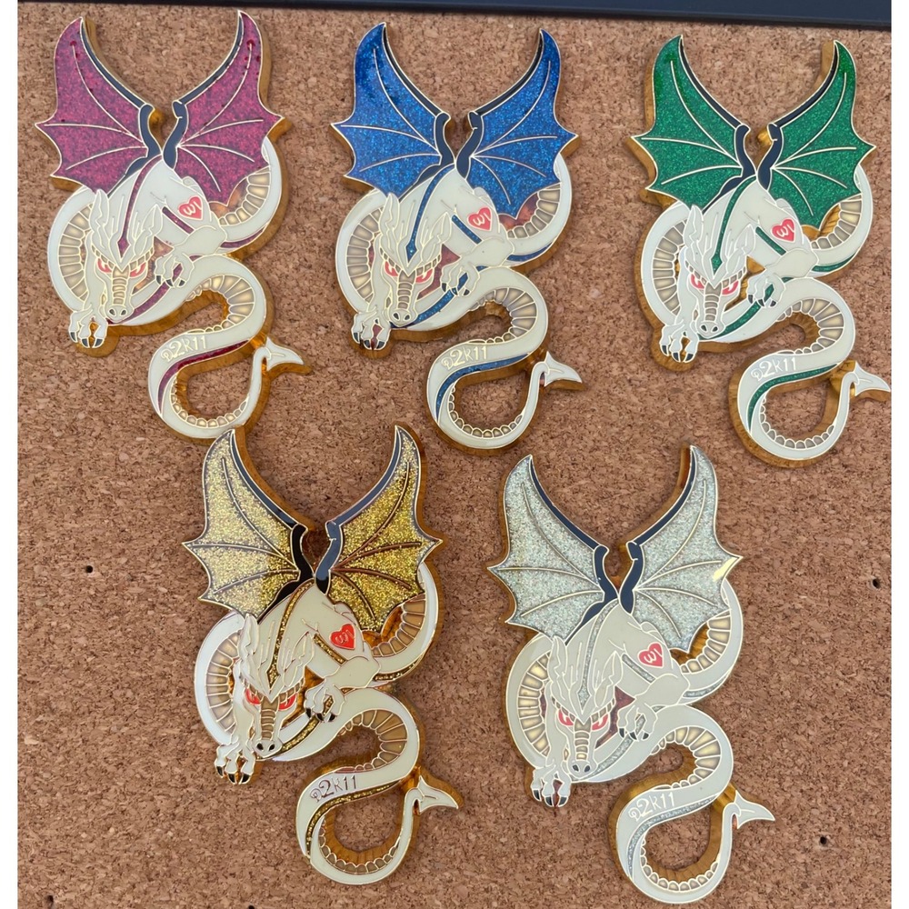 2K11 Dragon Enamel Pin Set 5pc Glitter Wings Heart Logo Gold Tone Fantasy Pins